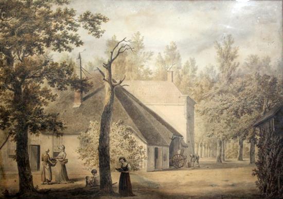 Robert Marris (1750-1827) Views of a Dutch house with figures in the garden 21 x 30in.
